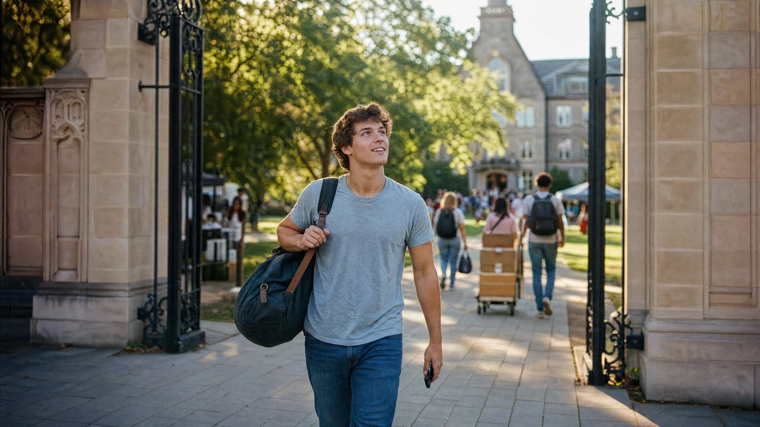 A student arriving on campus on Move-In Day