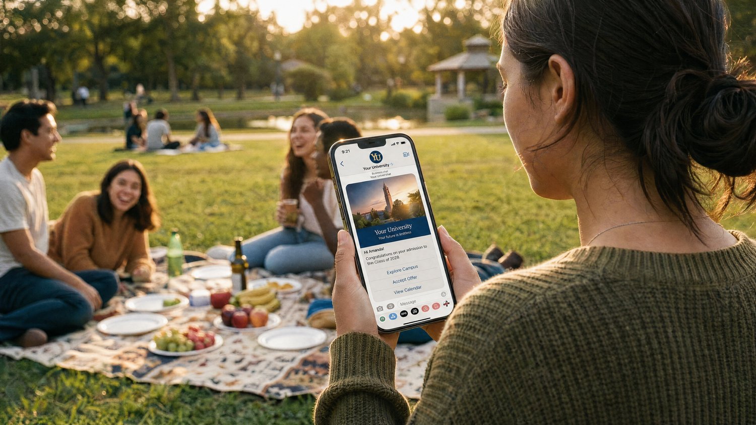 A student on campus reading a branded university message on her phone